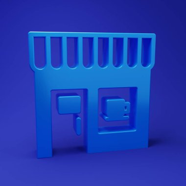 Mavi kahve dükkanı ikonu mavi arka planda izole edilmiş. Minimalizm kavramı. 3 Boyutlu resimleme.
