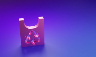Mor-mavi arka planda izole edilmiş geri dönüşüm simgesine sahip pembe plastik torba. Geri dönüşüm sembollü çanta. Minimalizm kavramı. 3 Boyutlu resimleme.