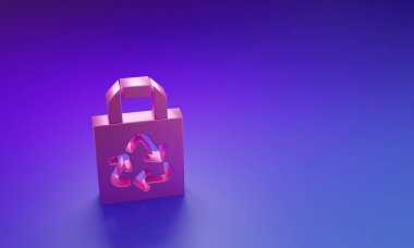 Mor-mavi arka planda izole edilmiş geri dönüşüm simgesiyle pembe kağıt alışveriş torbası. Geri dönüşüm sembollü çanta. Minimalizm kavramı. 3 Boyutlu resimleme.