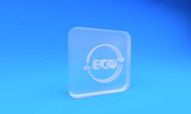 Buzlu cam Banner, etiket, etiket, eko yeşil sağlıklı yiyecek simgesi için logo mavi arka planda izole edilmiş. Organik ürün. Sağlıklı yemek etiketi. Kare buzlu cam düğme. 3 Boyutlu resimleme.