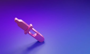 Mor-mavi arkaplanda izole edilmiş pembe Pipette simgesi. Tıbbi elementler, kimya laboratuarı ekipmanları. Tıp sembolü. Minimalizm kavramı. 3 Boyutlu resimleme.