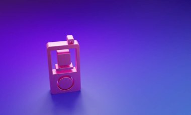 Mor-mavi arkaplanda izole edilmiş pembe müzik çalar simgesi. Taşınabilir müzik cihazı. Minimalizm kavramı. 3 Boyutlu resimleme.