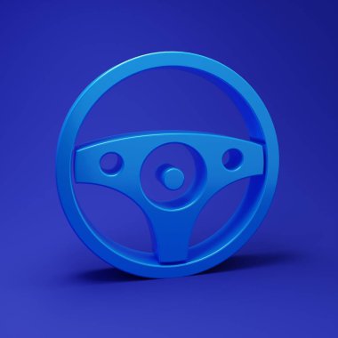 Mavi direksiyon simgesi mavi arkaplanda izole edildi. Araba tekeri ikonu. Minimalizm kavramı. 3 Boyutlu resimleme.