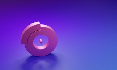 Mor-mavi arka planda izole edilmiş kalibre ikonlu pembe araba fren diski. Minimalizm kavramı. 3 Boyutlu resimleme.