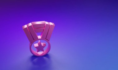 Mor-mavi arkaplanda izole edilmiş pembe madalya ikonu. Kazanan başarı işareti. Ödül madalyası. Minimalizm kavramı. 3 Boyutlu resimleme.