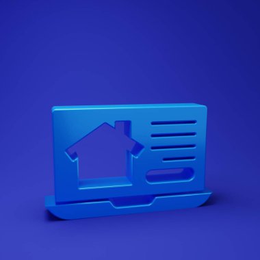 Dizüstü bilgisayardaki Blue Online emlak evi mavi arka planda izole edilmiş. Ev kredisi konsepti, kira, satın alma, mülk alma. Minimalizm kavramı. 3 Boyutlu resimleme.