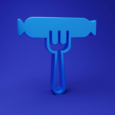 Çatal simgesindeki mavi sosis mavi arka planda izole edilmiş. Izgara sosis ve aroma işareti. Minimalizm kavramı. 3 Boyutlu resimleme.