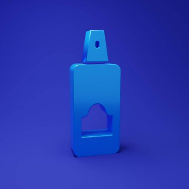 Saç spreyi için mavi sprey kutusu, deodorant, terleme önleyici ikon mavi arka planda izole edilmiş. Minimalizm kavramı. 3 Boyutlu resimleme.