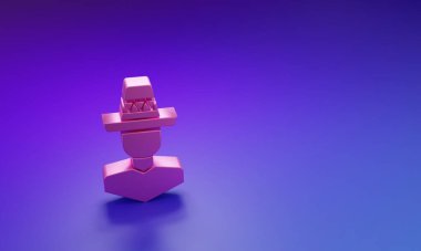 Mor-mavi arka planda izole edilmiş sombrero ikonu giyen pembe Meksikalı adam. Bıyıklı İspanyol adam. Minimalizm kavramı. 3 Boyutlu resimleme.