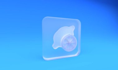 Mavi arka planda izole edilmiş buzlu cam limon ikonu. Kare buzlu cam düğme. 3 Boyutlu resimleme.