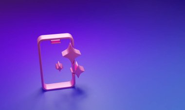 Mor-mavi arka planda izole edilmiş akıllı telefon simgesi için pembe cam ekran koruyucu. Cam için koruyucu film. Cep telefonu için şeffaf yumuşak cam. Minimalizm kavramı. 3 Boyutlu resimleme.