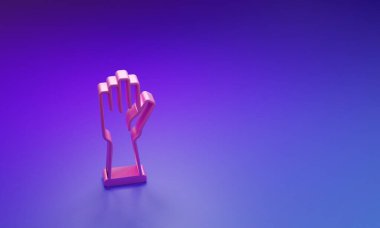 Mor-mavi arka planda izole edilmiş pembe lastik eldiven ikonu. Lateks el koruması işareti. Ev işi temizlik ekipmanları sembolü. Minimalizm kavramı. 3 Boyutlu resimleme.