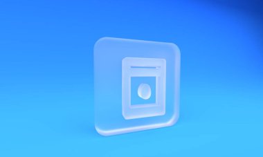 Mavi arka planda izole edilmiş özel bir bitki simgesinin tohumlarıyla dolu buzlu cam paketi. Kare buzlu cam düğme. 3 Boyutlu resimleme.