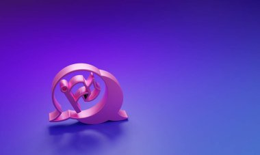 Mor-mavi arkaplanda izole edilmiş pembe bayrak simgesi. Zafer, kazanmak ve zorluk konseptini fethetmek. Minimalizm kavramı. 3 Boyutlu resimleme.