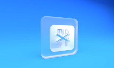 Buzlu cam Ramazan oruç simgesi mavi arka planda izole edilmiş. Dini oruç. Kare buzlu cam düğme. 3 Boyutlu resimleme.