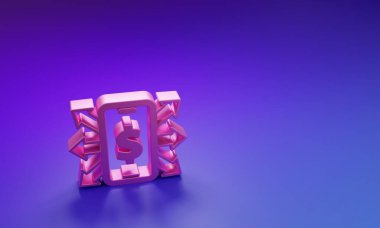 Mor-mavi arka planda dolar sembolü olan pembe akıllı telefon. İnternetten alışveriş konsepti. Finansal cep telefonu simgesi. Çevrimiçi ödeme. Minimalizm kavramı. 3 Boyutlu resimleme.