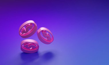 Üzerinde dolar sembolü olan pembe sikke parası mor-mavi arka planda izole edilmiş. Bankacılık işareti. Para sembolü. Minimalizm kavramı. 3 Boyutlu resimleme.