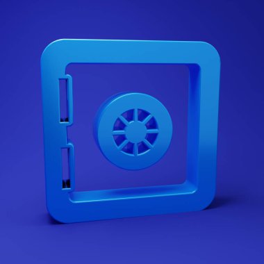 Mavi Güvenli simgesi mavi arkaplanda izole edildi. Kapı, şifreli bir banka kasası. Güvenilir Veri Koruma. Minimalizm kavramı. 3 Boyutlu resimleme.