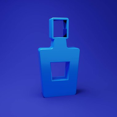 Mavi tekila şişesi ikonu mavi arka planda izole edilmiş. Meksika alkolü. Minimalizm kavramı. 3 Boyutlu resimleme.