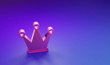Mor-mavi arka planda izole edilmiş pembe Crown simgesi. Minimalizm kavramı. 3 Boyutlu resimleme.