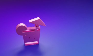 Mor-mavi arka planda izole edilmiş şemsiye ikonlu pembe kokteyl ve alkol içeceği. Minimalizm kavramı. 3 Boyutlu resimleme.