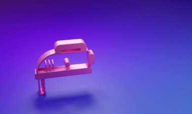Mor-mavi arka planda izole edilmiş çelik keskin bıçak ikonu olan pembe elektrikli yapboz. Ahşap işçiliği için elektrikli alet. Minimalizm kavramı. 3 Boyutlu resimleme.