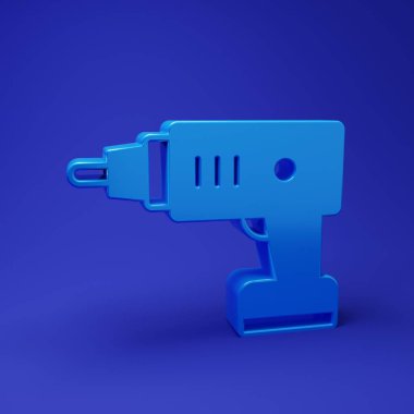 Mavi Elektrik kablosuz tornavida simgesi mavi arkaplanda izole edildi. Elektrikli matkap. Tamir aleti. Minimalizm kavramı. 3 Boyutlu resimleme.