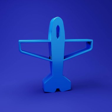 Mavi düzlem simgesi mavi arkaplanda izole edildi. Uçan uçak ikonu. Uçak tabelası. Minimalizm kavramı. 3 Boyutlu resimleme.