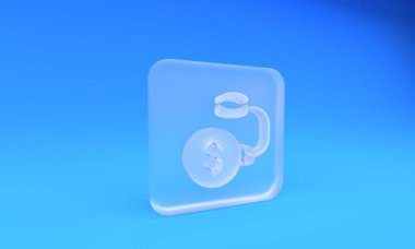 Mavi arka planda izole edilmiş dolar madeni para ikonuna zincirlenmiş buzlu cam borç topu. Zincirler ve parayla yüklü bir borç yükü. Mali suç, ücret, kriz. Kare buzlu cam düğme. 3 Boyutlu resimleme.