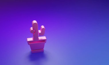 Pembe Kaktüs ve mor-mavi arka planda izole edilmiş tencere simgesinde sulu. Tencerede yetişen bir bitki. Saksı bitkisi işareti. Minimalizm kavramı. 3 Boyutlu resimleme.