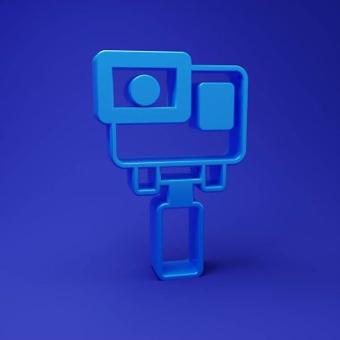 Mavi Aksiyon ekstrem kamera simgesi mavi arkaplanda izole edildi. Ekstrem sporları çekmek için video kamera ekipmanı. Minimalizm kavramı. 3 Boyutlu resimleme.