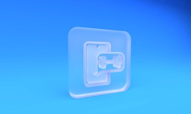 Mavi arka planda izole edilmiş spor ikonu için buzlu cam Fitness uygulaması. Sağlık hizmeti mobil uygulama kavramı. Çevrimiçi fitness ya da seyyar antrenör. Kare buzlu cam düğme. 3 Boyutlu resimleme.