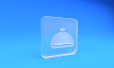 Mavi arka planda izole edilmiş yiyecek ikonu tepsisiyle kaplı buzlu cam. Tepsi ve kapak işareti. Kapaklı bir restoran saati. Kare buzlu cam düğme. 3 Boyutlu resimleme.