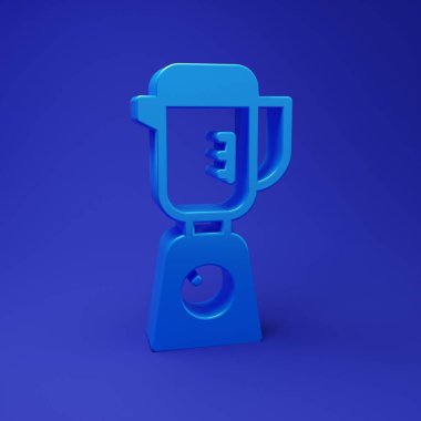 Mavi Blender simgesi mavi arkaplanda izole edildi. Mutfak elektrikli kırıcı ve kase. Meyve suyu, kokteyl ya da meyve suyu. Minimalizm kavramı. 3 Boyutlu resimleme.
