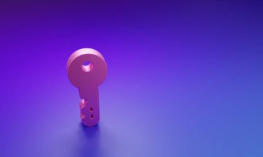 Pembe Ev anahtar simgesi mor-mavi arkaplanda izole edilmiş. Minimalizm kavramı. 3 Boyutlu resimleme.