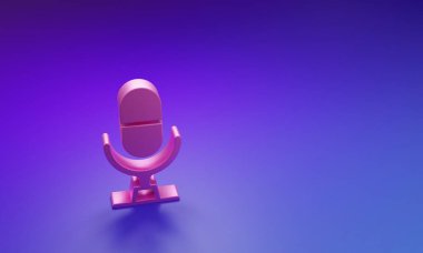Mor-mavi arkaplanda izole edilmiş pembe mikrofon ses aygıtı ikonu. Mikrofon tercümanı ve alfabe harfleri. Minimalizm kavramı. 3 Boyutlu resimleme.