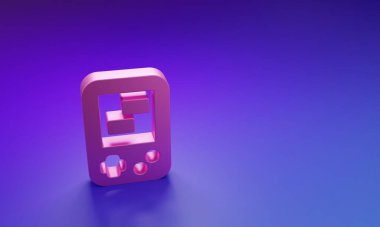 Mor-mavi arka planda izole edilmiş pembe Portable tetris elektronik oyun ikonu. Klasik bir cep tuğlası oyunu. Etkileşimli oyun aygıtı. Minimalizm kavramı. 3 Boyutlu resimleme.