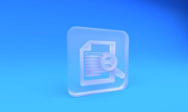 Mavi arka planda izole edilmiş arama simgesine sahip buzlu cam belge. Dosya ve büyüteç simgesi. Analitik araştırma işareti. Kare buzlu cam düğme. 3 Boyutlu resimleme.