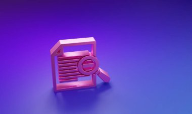 Mor-mavi arkaplanda izole edilmiş arama simgesine sahip pembe belge. Dosya ve büyüteç simgesi. Analitik araştırma işareti. Minimalizm kavramı. 3 Boyutlu resimleme.