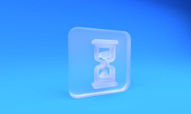 Buzlu cam. Mavi arka planda kum ikonu olan eski kum saati. Kum saati işareti. İş ve zaman yönetimi kavramı. Kare buzlu cam düğme. 3 Boyutlu resimleme.