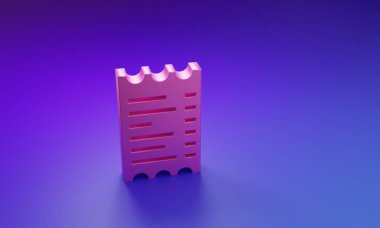 Mor-mavi arka planda pembe kağıt kontrolü ve mali kontrol simgesi izole edildi. Kağıt baskı çeki, makbuz ya da fatura. Minimalizm kavramı. 3 Boyutlu resimleme.