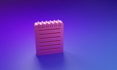 Mor-mavi arkaplanda izole edilmiş pembe defter simgesi. Spiral not defteri simgesi. Yazı tahtası. İş günlüğü. Not defteri kapağı tasarımı. Minimalizm kavramı. 3 Boyutlu resimleme.