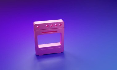 Mor-mavi arkaplanda izole edilmiş pembe fırın simgesi. Fırın tabelası. Minimalizm kavramı. 3 Boyutlu resimleme.