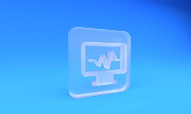 Mavi arka planda kardiyogram ikonu olan buzlu cam bilgisayar monitörü. Simge denetleniyor. Kalp atışı elle çizilmiş EKG monitörü. Kare buzlu cam düğme. 3 Boyutlu resimleme.