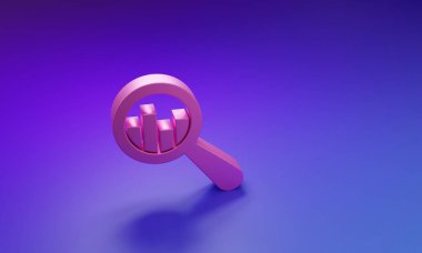 Mor-mavi arka planda izole edilmiş pembe büyüteç ve veri analiz simgesi. Minimalizm kavramı. 3 Boyutlu resimleme.