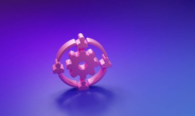 Mor-mavi arka planda izole edilmiş pembe dış kaynak konsept simgesi. İşbirliği işareti. Takım çalışması ve yatırım yapma fikri. Minimalizm kavramı. 3 Boyutlu resimleme.