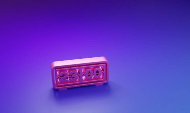 Mor-mavi arkaplanda izole edilmiş pembe Retro saat simgesi. Duvar kapağı saati, sayı sayacı şablonu, tüm basamaklar takla. Minimalizm kavramı. 3 Boyutlu resimleme.