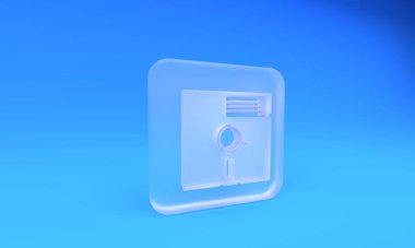 Mavi arka planda izole edilmiş 5.25 inçlik bir ikonda buzlu cam disket. Bilgisayar veri depolama için disket. Disket işareti. Kare buzlu cam düğme. 3 Boyutlu resimleme.