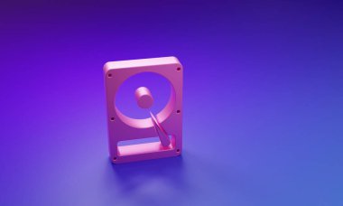 Mor-mavi arkaplanda Pembe Disk Sürücüsü HDD simgesi izole edildi. Minimalizm kavramı. 3 Boyutlu resimleme.