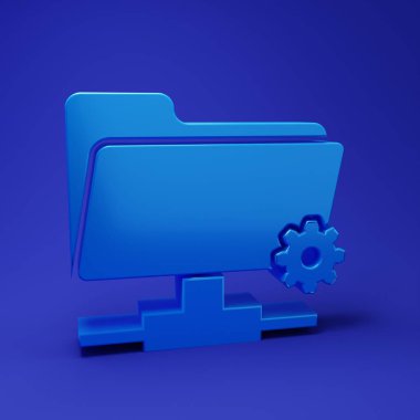 Mavi FTP dizin ayarları simgesi mavi arkaplanda izole edildi. Yazılım güncellemesi, transfer protokolü, yönlendirici, takım çalışması araç yönetimi, kopyalama işlemi. Minimalizm kavramı. 3 Boyutlu resimleme.